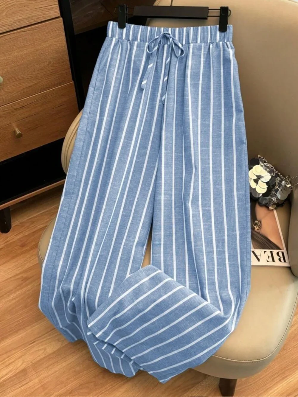 Blue And White Casual Women's Cotton Elastic Waistband Trousers